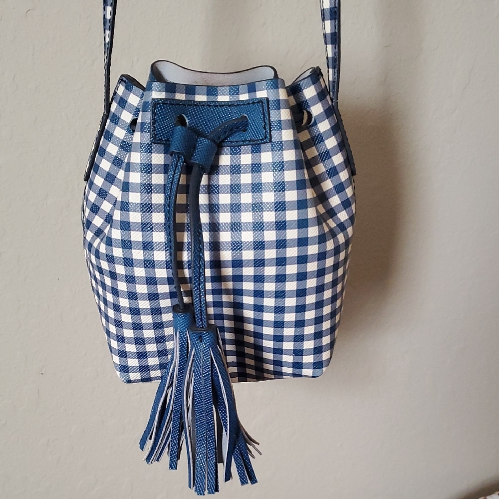 Blue and White Checkered Jcrew Bucket Bag
